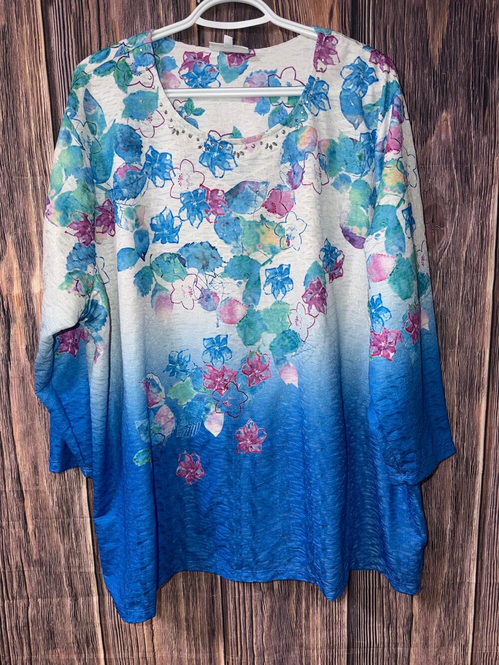 Serengeti 3X Blue Ombre Floral Print Rhinestone Tunic Blouse Plus Size